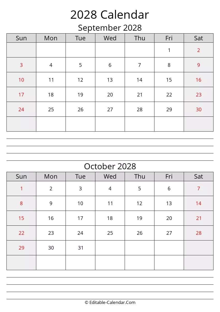 september october calendar 2028 with notes