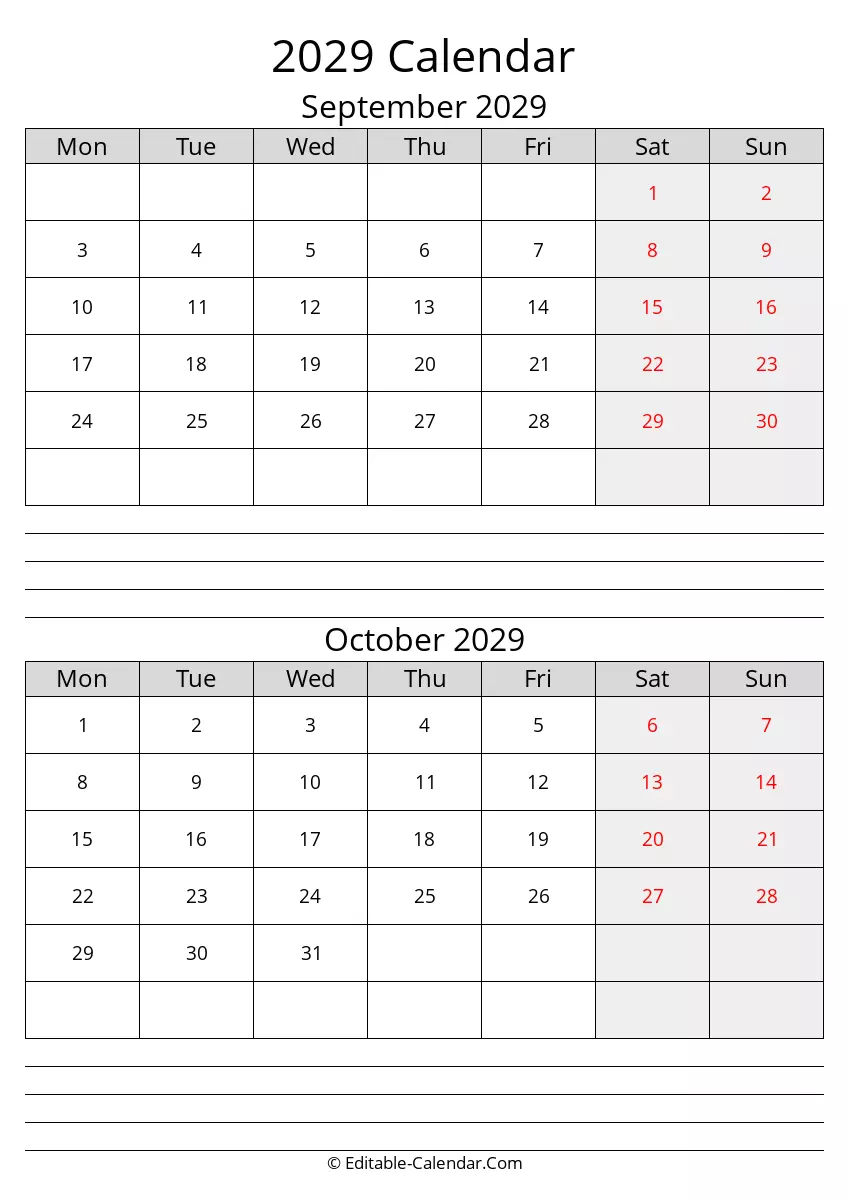 September October Calendar 2029 With Notes Monday Start