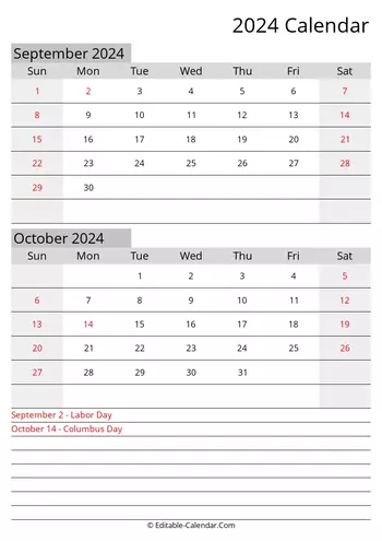 september october editable calendar 2024 with holidays