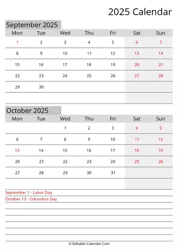 september october editable calendar 2025 with holidays monday start