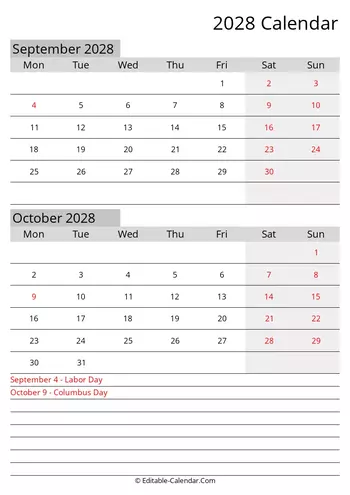september october editable calendar 2028 with holidays monday start